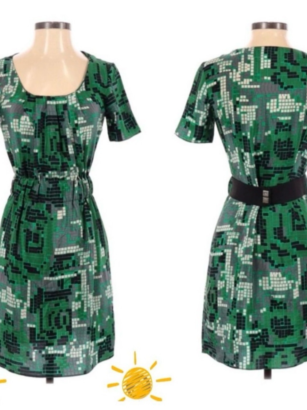 Margarita Saplala x Barneys NY Green Geo-Print Short Sleeve Dress
